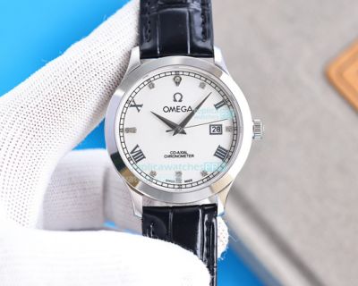 Swiss Super Replica Omega De Ville Watch White Dial Black Leather Strap Steel Bezel 40mm